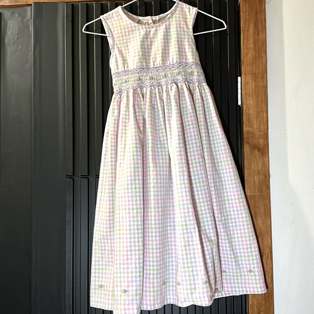 Laura Ashley Girls Sz 7 pastel check, self belt, back buttons hem embroidery